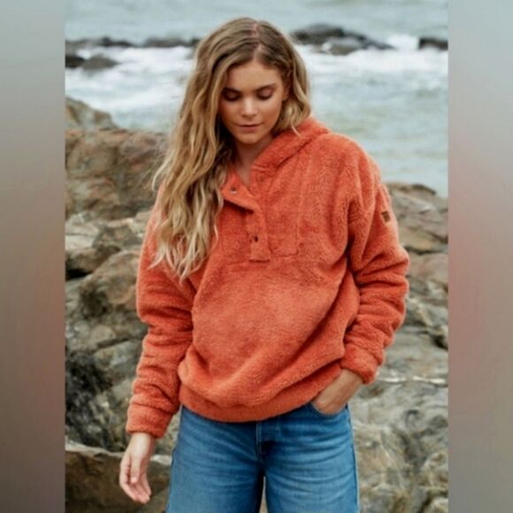Roxy Surf Spray Rust Orange Fuzzy Hooded Pullover Jacket - Size Large - Picture 1 of 15